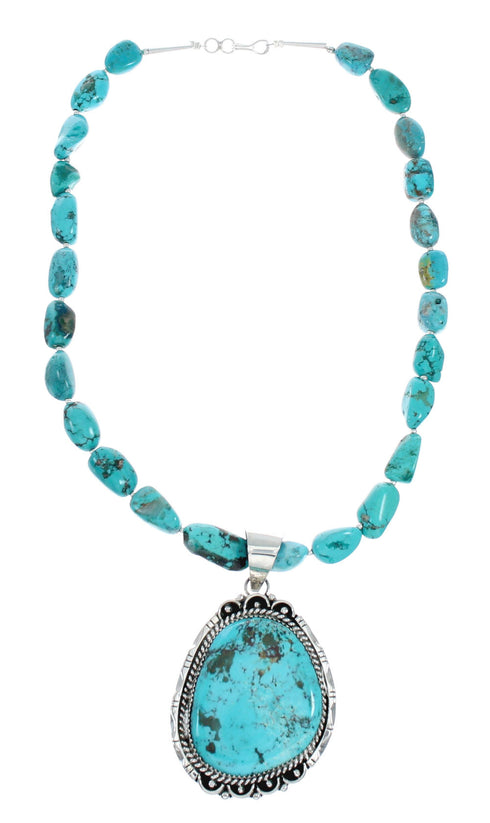 Navajo Turquoise Sterling Silver Bead Necklace And Pendant Set X10850